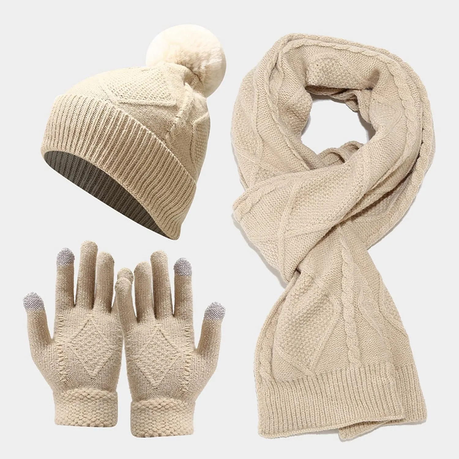 Women Mens Winter Hat Neck Scarf Touchscreen Gloves Slouchy Beanie Snow Warmer Knit Skull Cap Mittens Thick Scarves