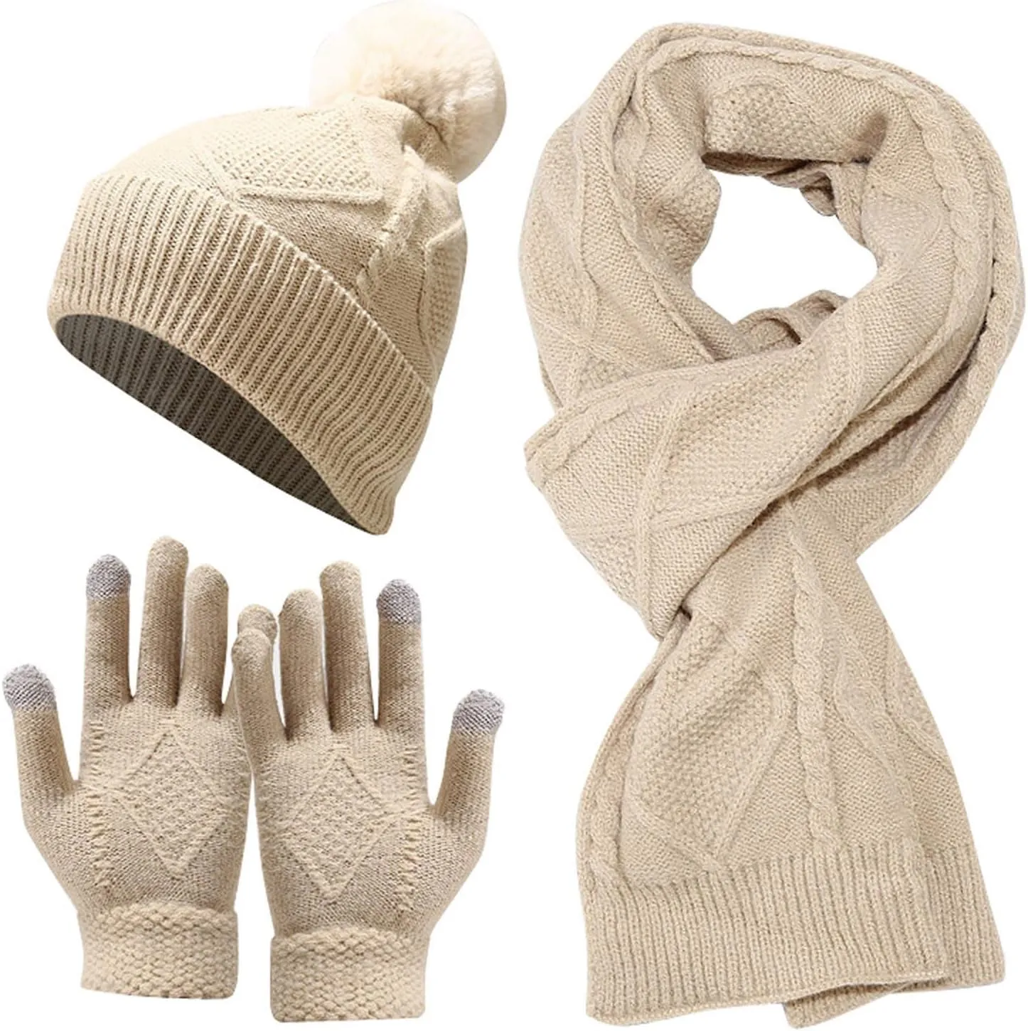 Women Mens Winter Hat Neck Scarf Touchscreen Gloves Slouchy Beanie Snow Warmer Knit Skull Cap Mittens Thick Scarves