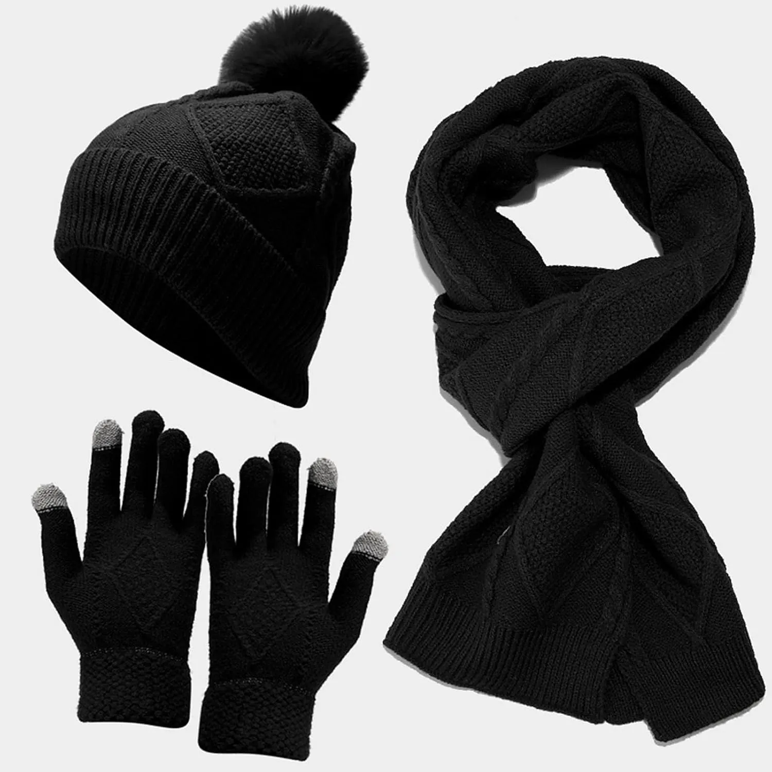 Women Mens Winter Hat Neck Scarf Touchscreen Gloves Slouchy Beanie Snow Warmer Knit Skull Cap Mittens Thick Scarves