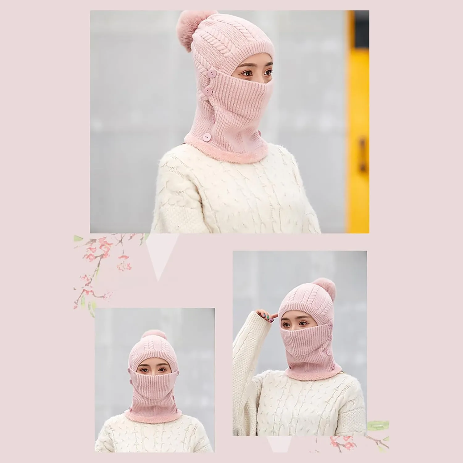 Women One Piece Slouchy Fleece Lined Beanie Hats Scarf Warm Winter Cable Knit Hat Thick Skull Ski Cap with Pompom