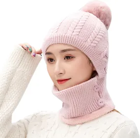 Women One Piece Slouchy Fleece Lined Beanie Hats Scarf Warm Winter Cable Knit Hat Thick Skull Ski Cap with Pompom