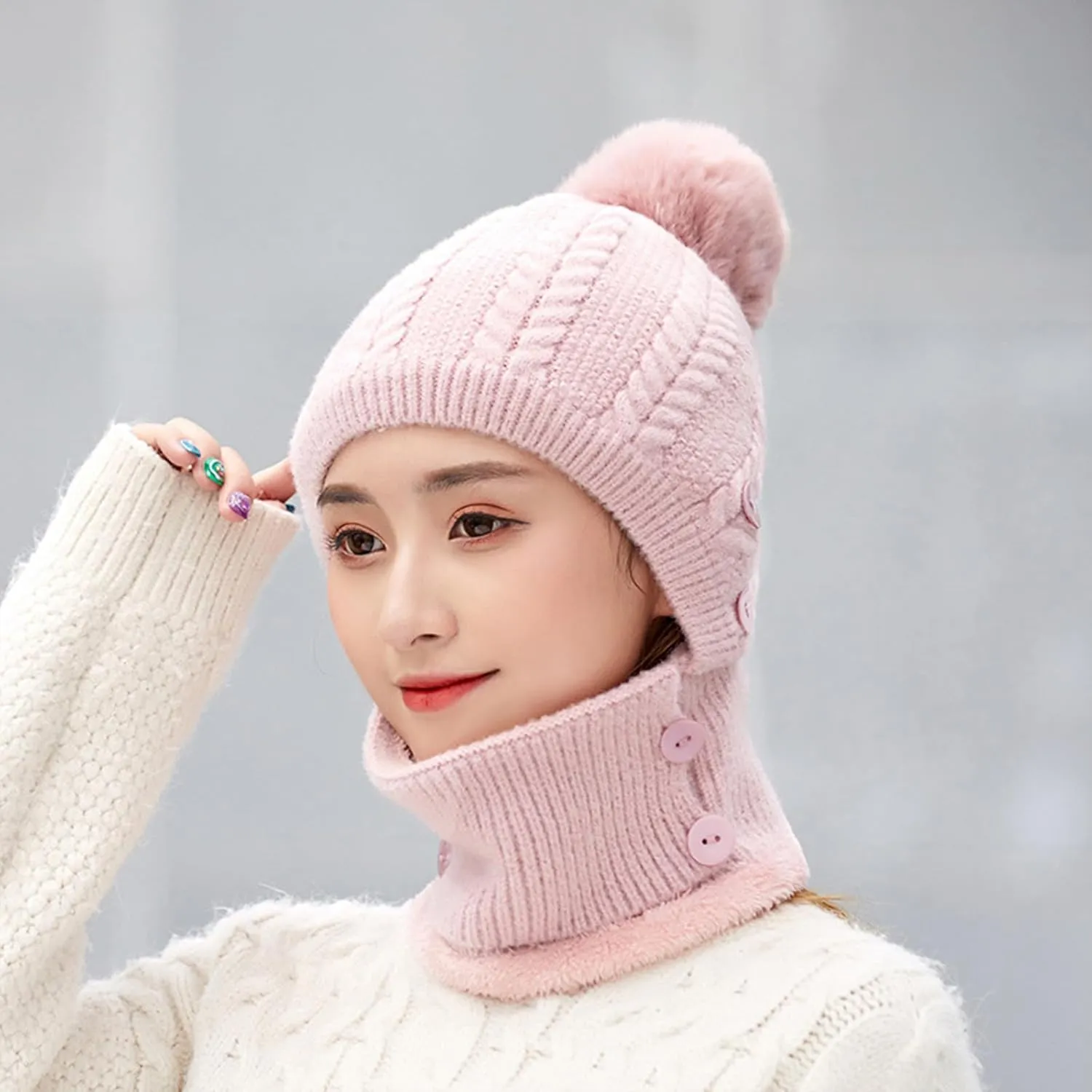 Women One Piece Slouchy Fleece Lined Beanie Hats Scarf Warm Winter Cable Knit Hat Thick Skull Ski Cap with Pompom