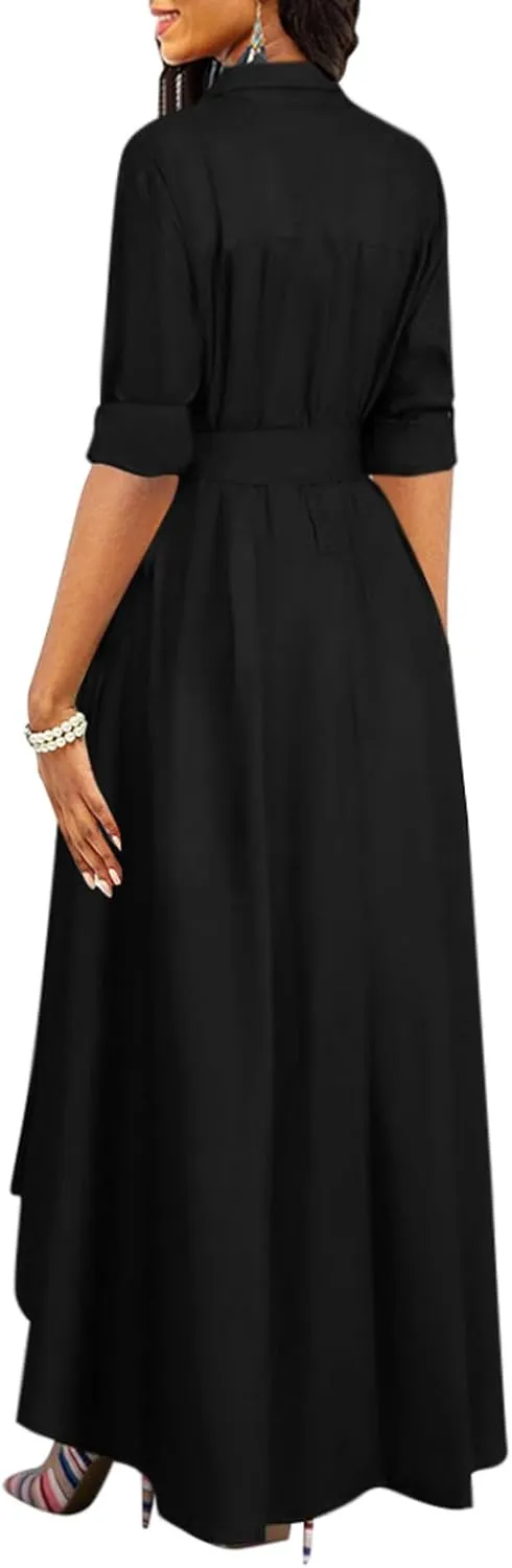 Women's Button Down T-Shirt Dress Casual High Low V Neck Loose Long Dress with Belts