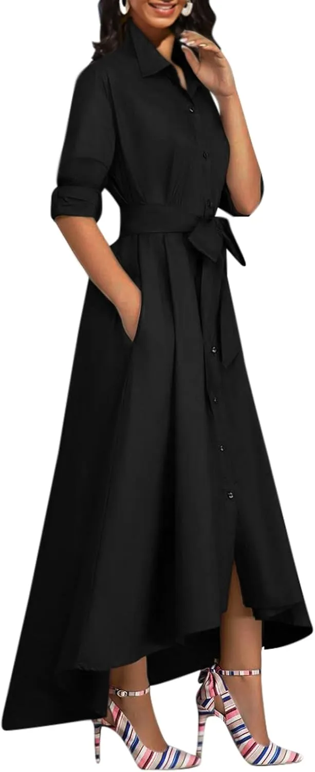 Women's Button Down T-Shirt Dress Casual High Low V Neck Loose Long Dress with Belts