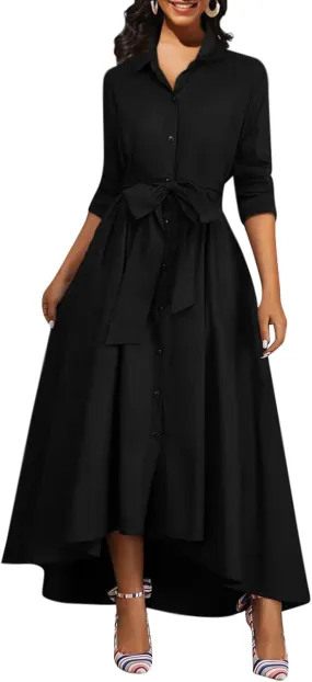 Women's Button Down T-Shirt Dress Casual High Low V Neck Loose Long Dress with Belts