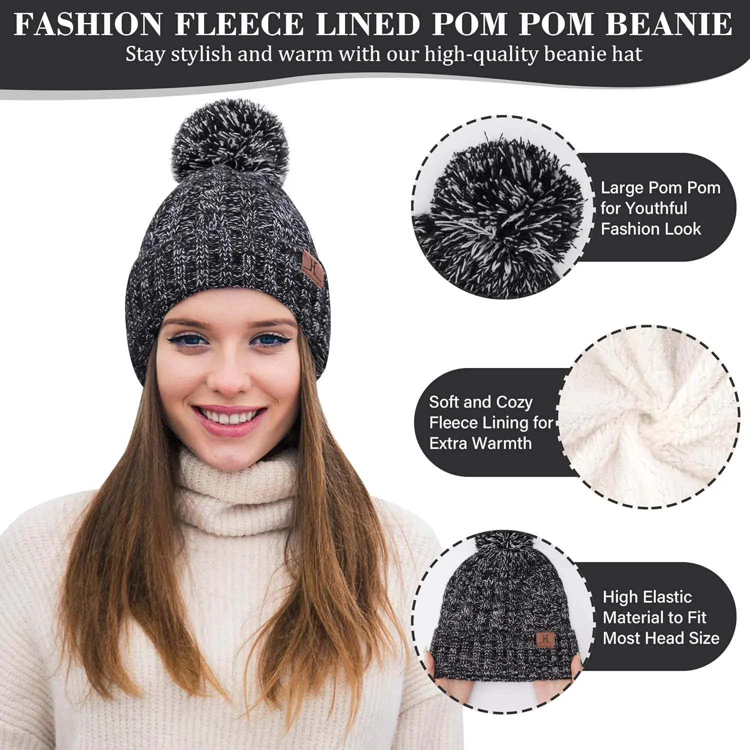 Womens Winter Warm Beanie Hat Touchscreen Gloves Long Scarf Set Rib Cable Knit Fleece Lined Skull Pom Caps