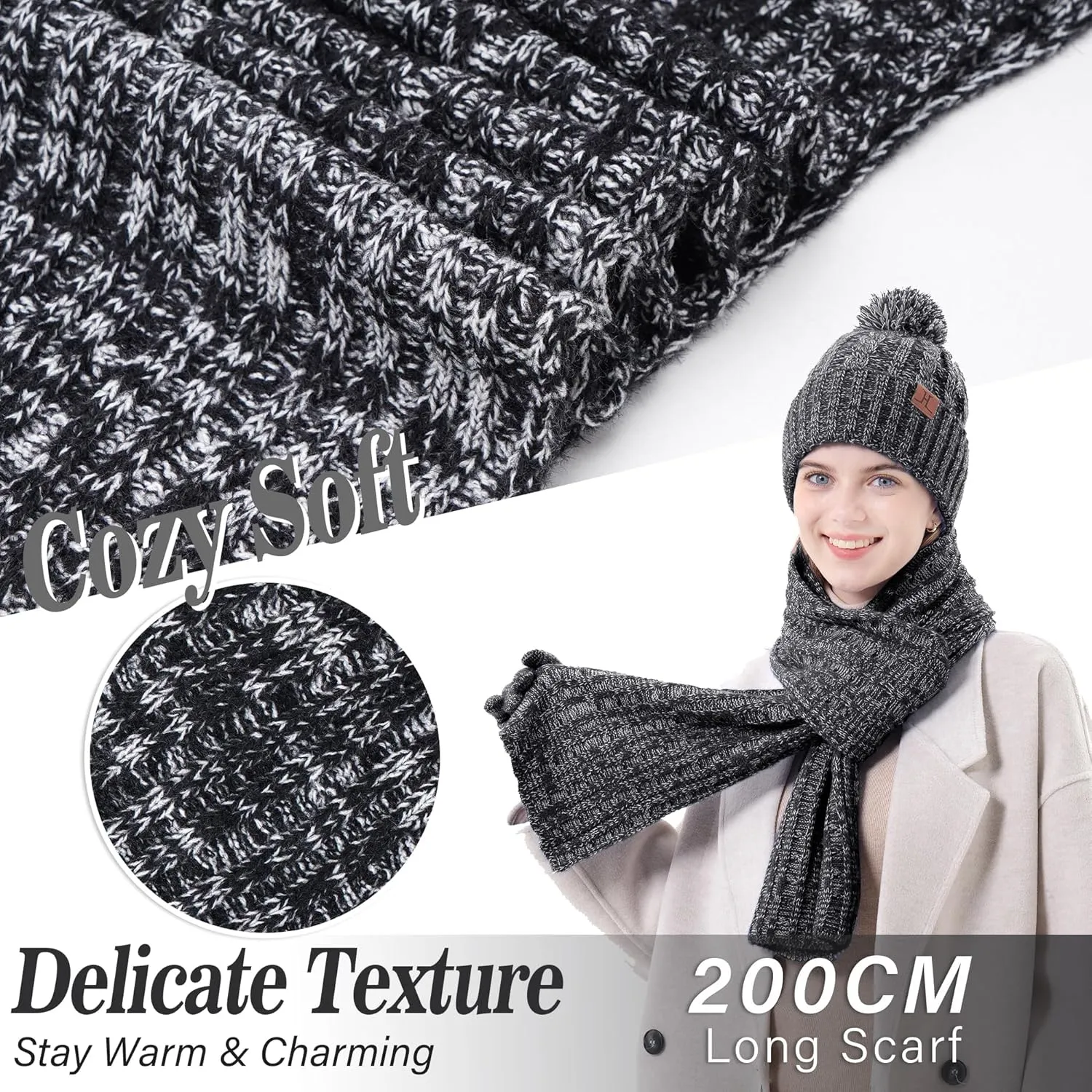Womens Winter Warm Beanie Hat Touchscreen Gloves Long Scarf Set Rib Cable Knit Fleece Lined Skull Pom Caps