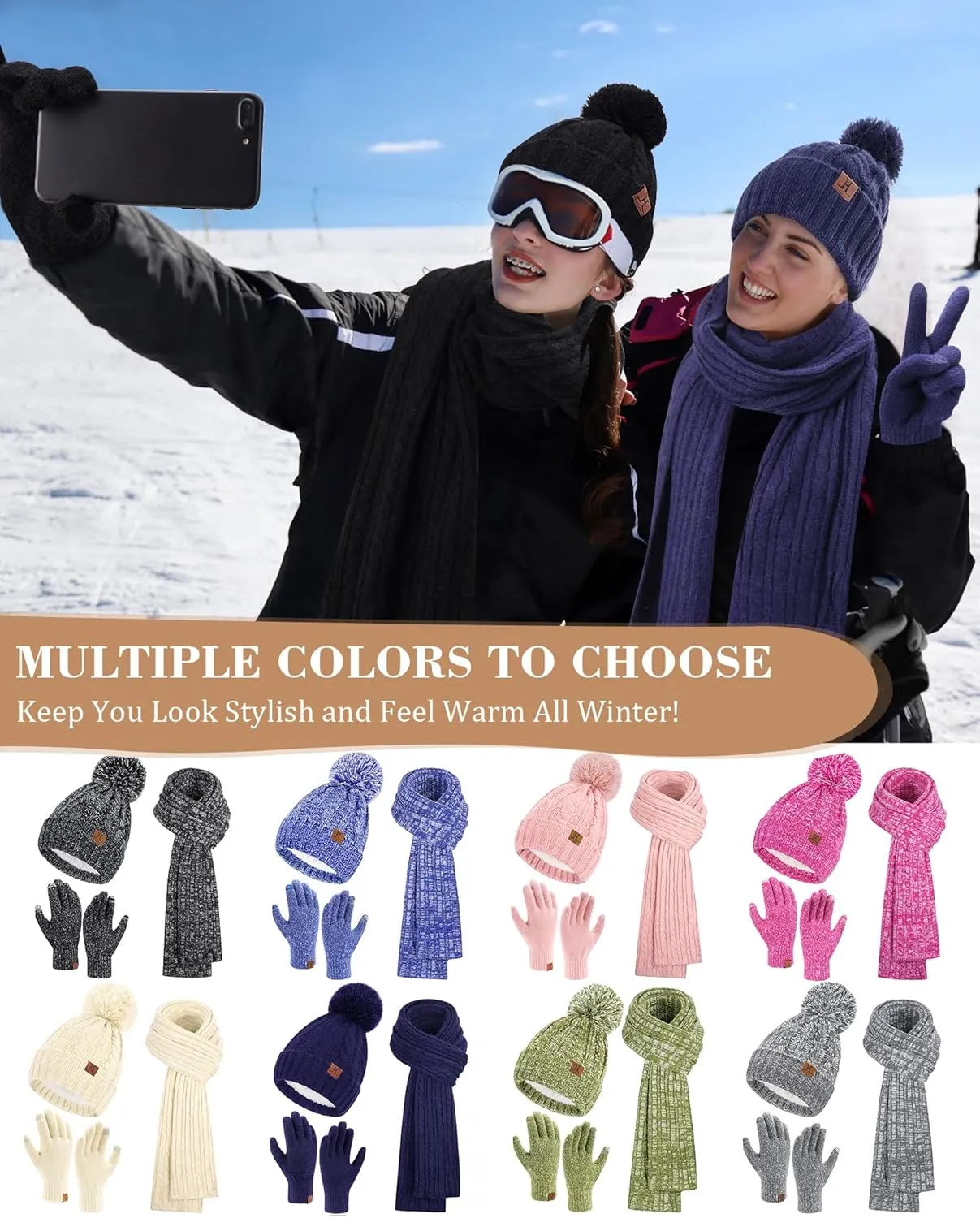Womens Winter Warm Beanie Hat Touchscreen Gloves Long Scarf Set Rib Cable Knit Fleece Lined Skull Pom Caps