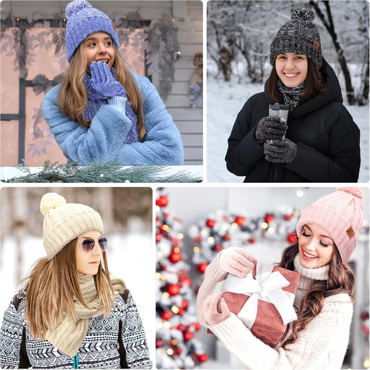 Womens Winter Warm Beanie Hat Touchscreen Gloves Long Scarf Set Rib Cable Knit Fleece Lined Skull Pom Caps