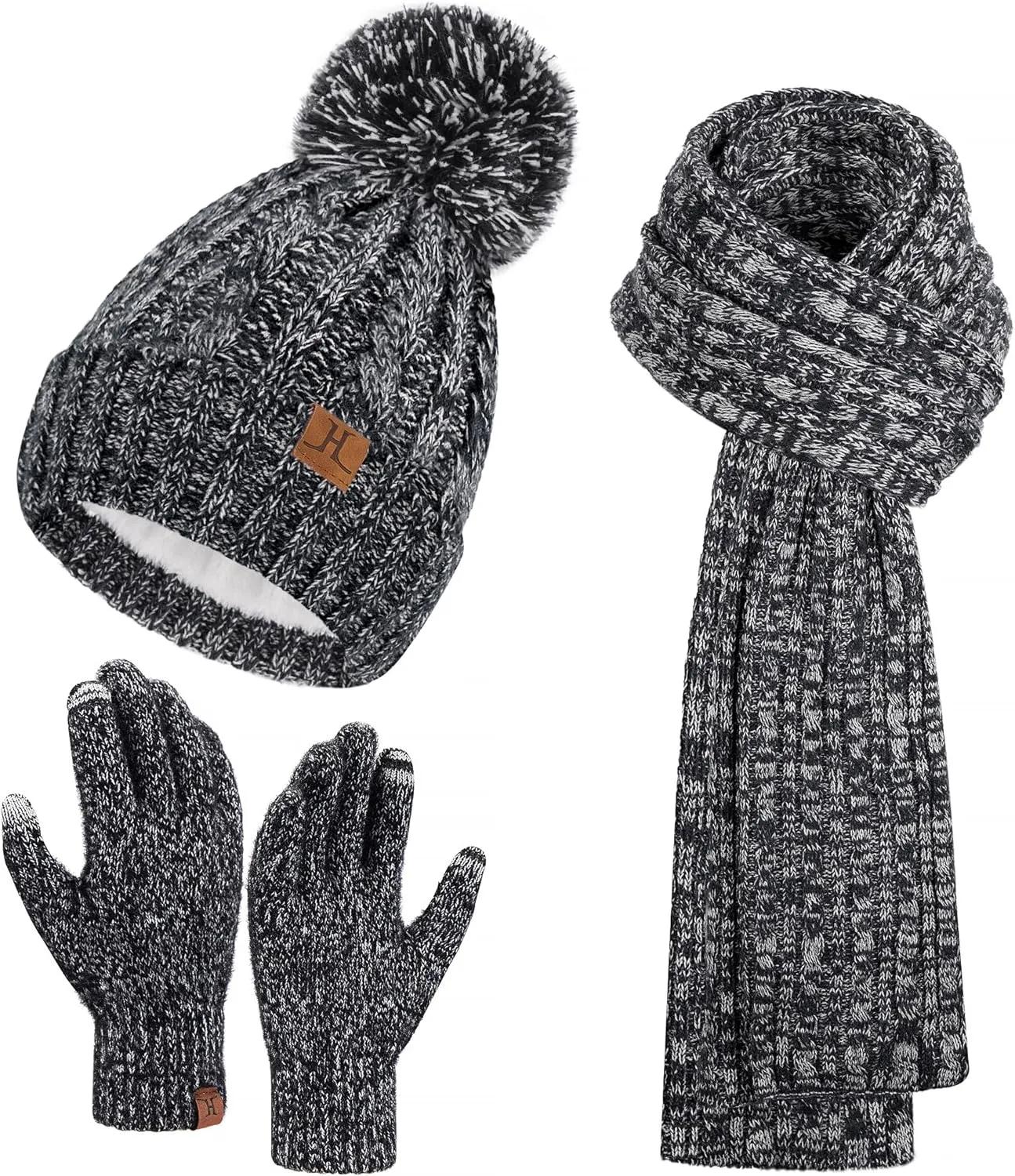 Womens Winter Warm Beanie Hat Touchscreen Gloves Long Scarf Set Rib Cable Knit Fleece Lined Skull Pom Caps
