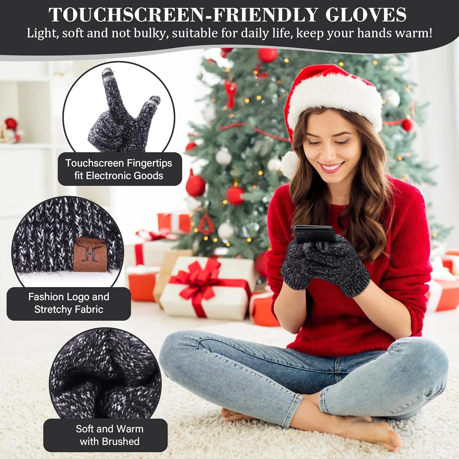 Womens Winter Warm Beanie Hat Touchscreen Gloves Long Scarf Set Rib Cable Knit Fleece Lined Skull Pom Caps